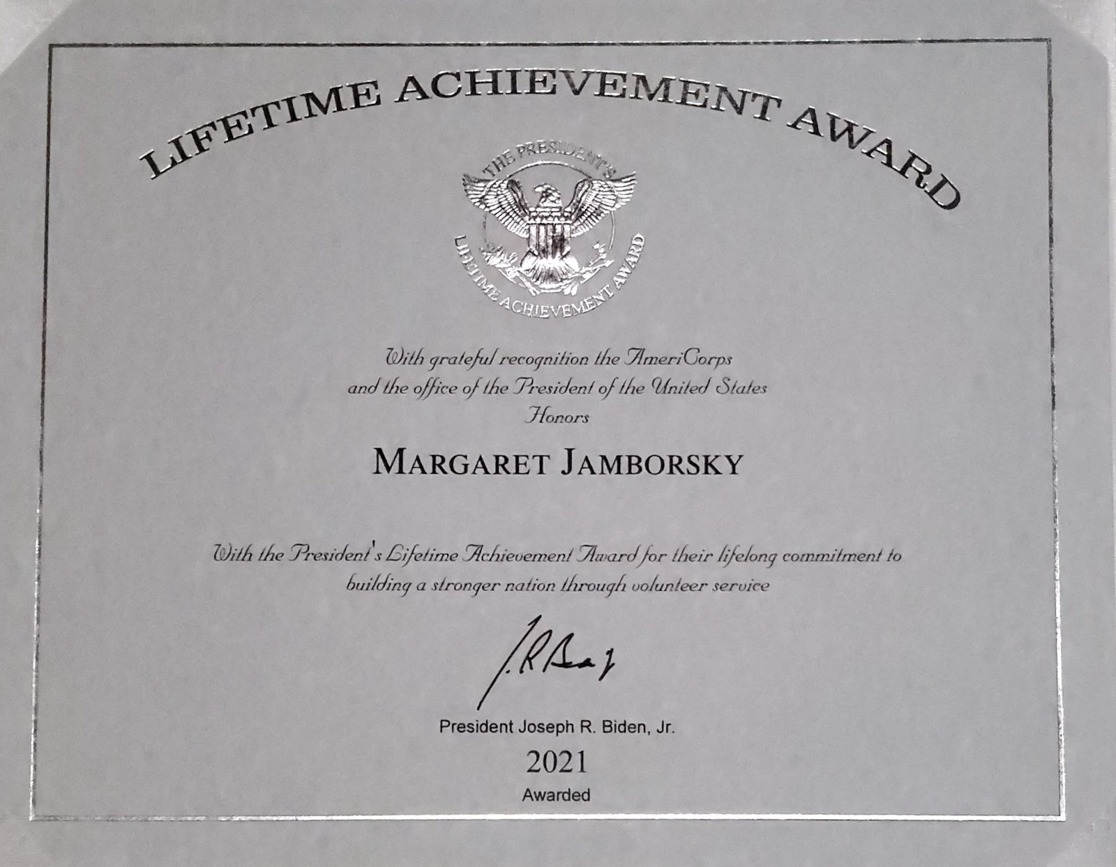 President's Lifetime Achievement Award certificate