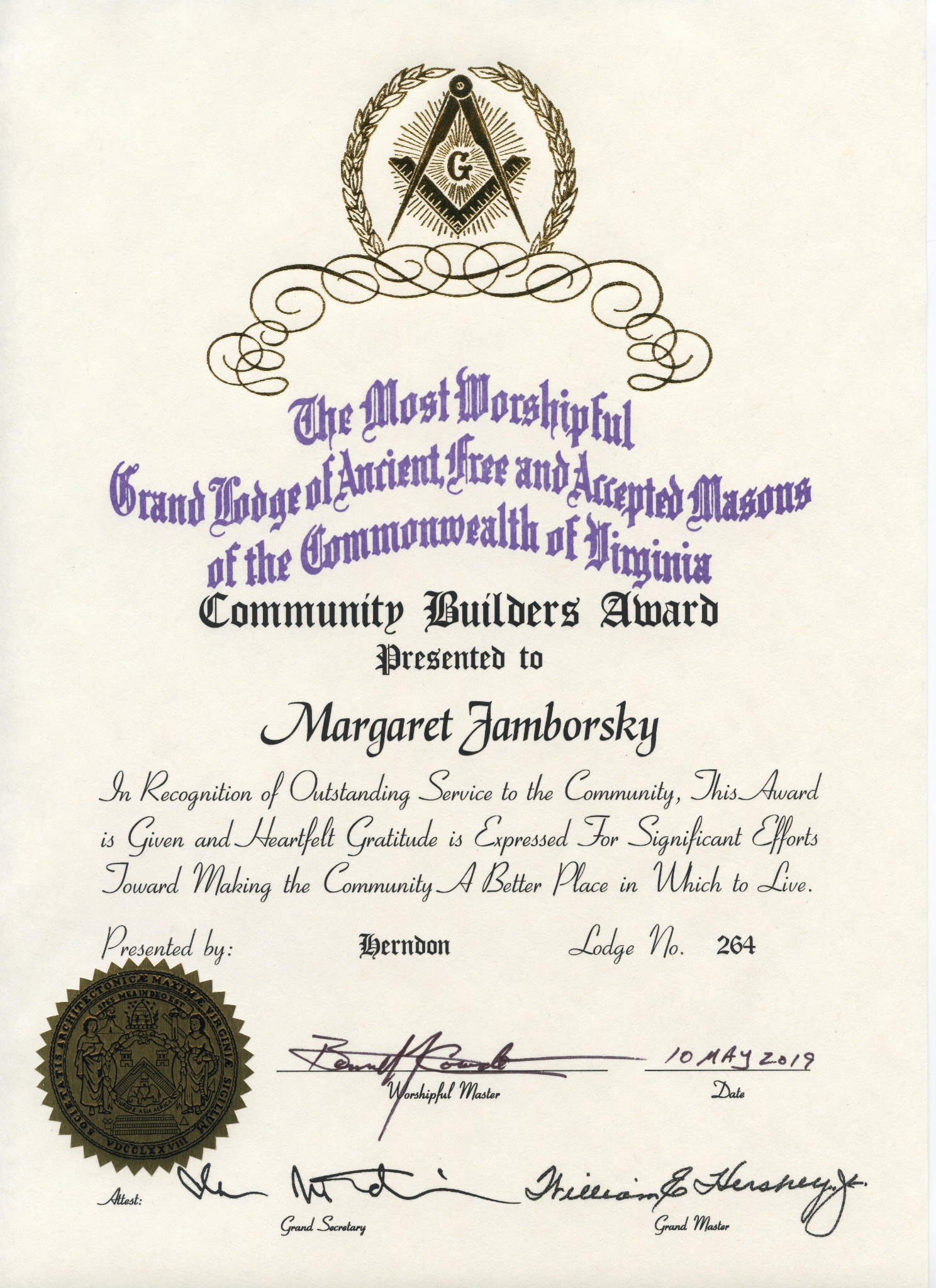 Herndon Masonic Lodge Community Builders Award certificate dated May 10, 2019