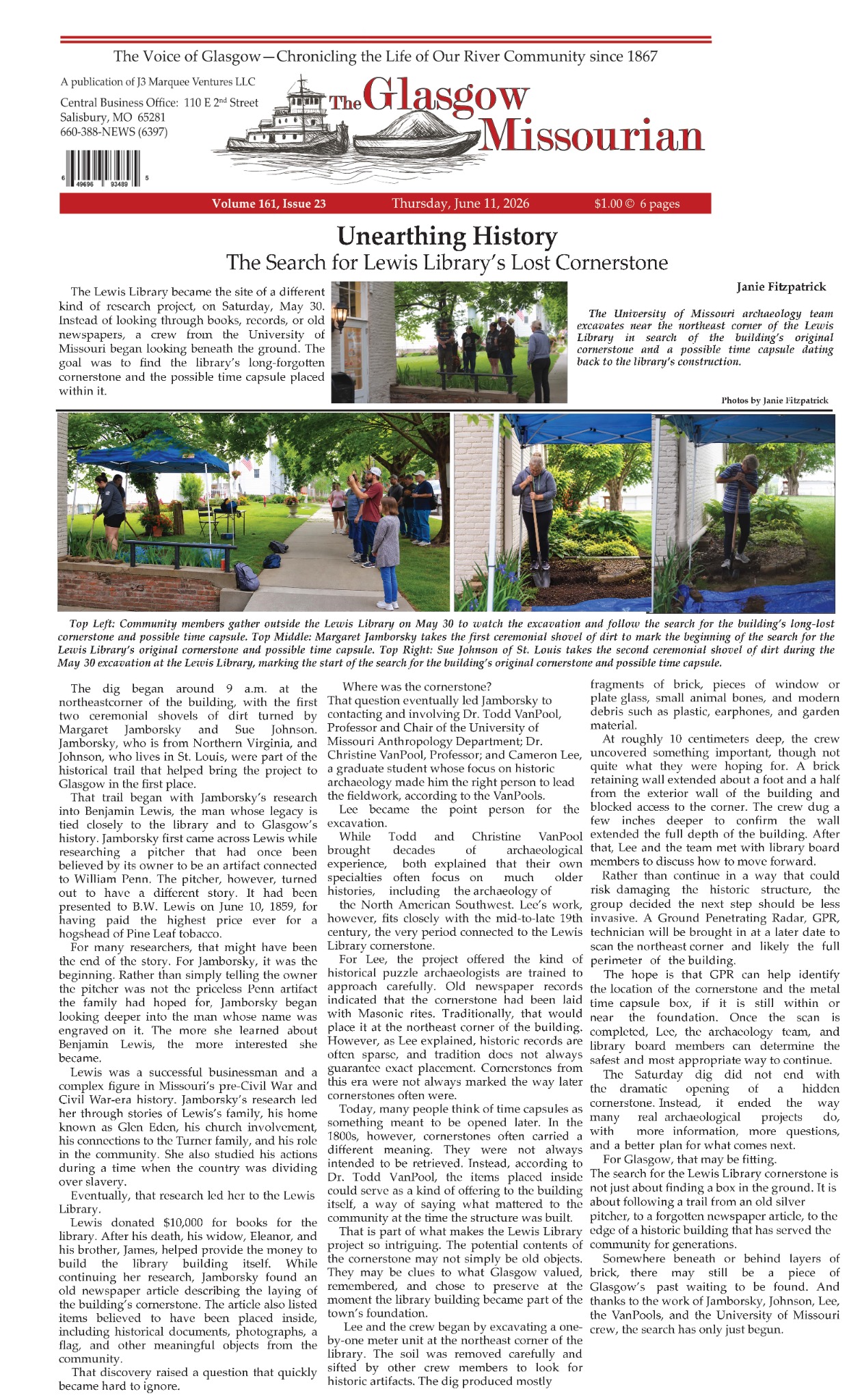 Complete Glasgow Missourian June 11, 2026 article Unearthing History: The Search for Lewis Library’s Lost Cornerstone
