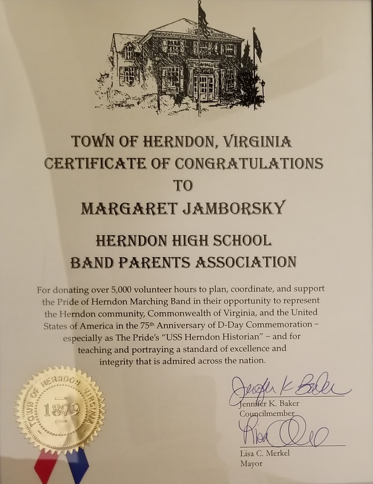 Town of Herndon certificate recognizing more than 5,000 volunteer hours for the D-Day 75th anniversary