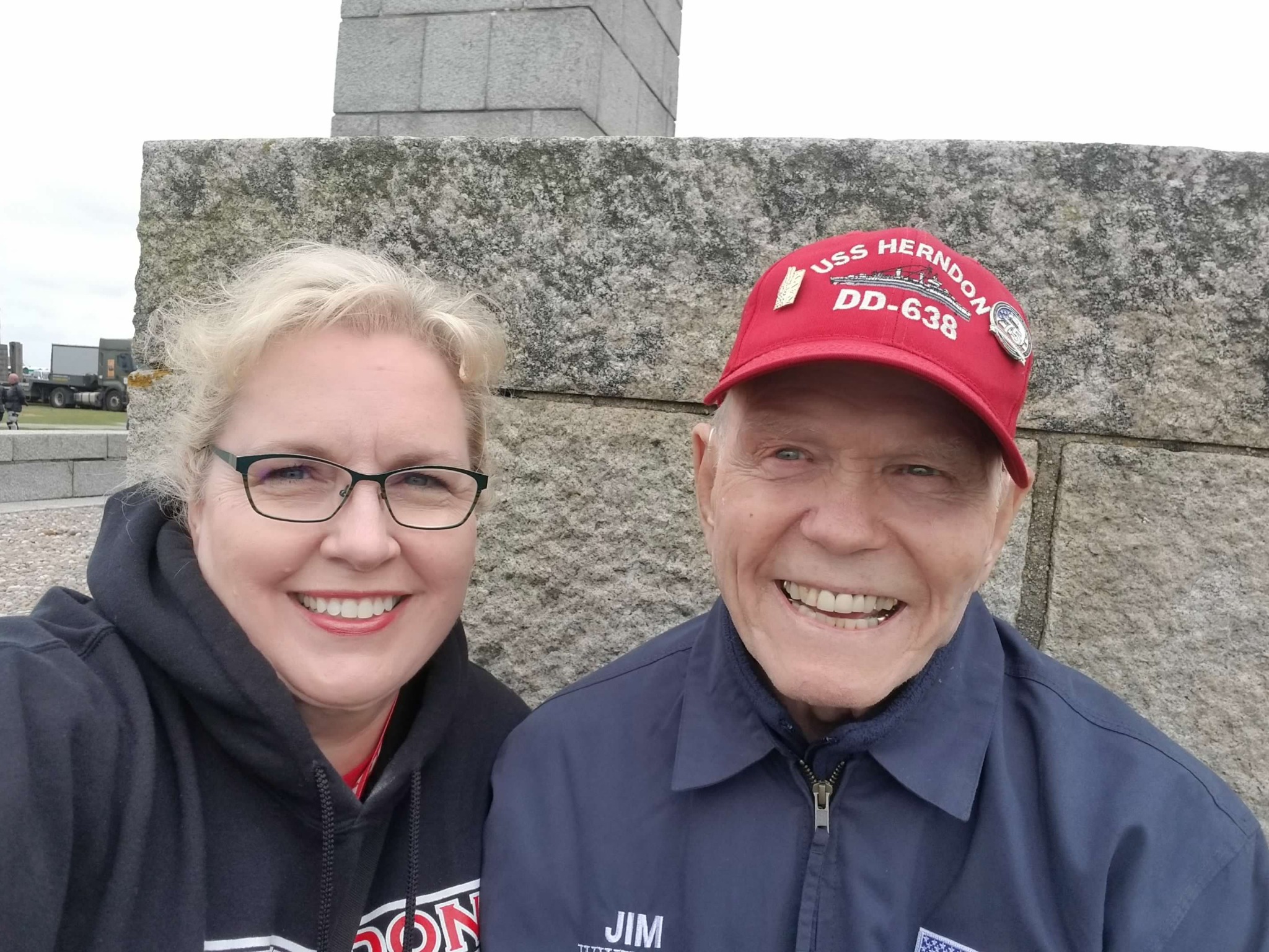 Jim Clermont smiling alongside Margaret at Normandy