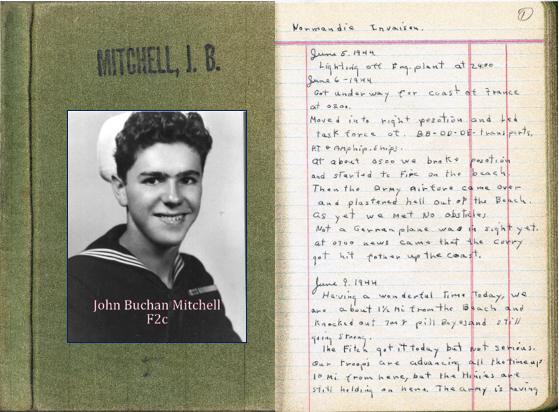 John Buchan Mitchell’s wartime journal, with his Navy portrait and handwritten account of the Normandy invasion