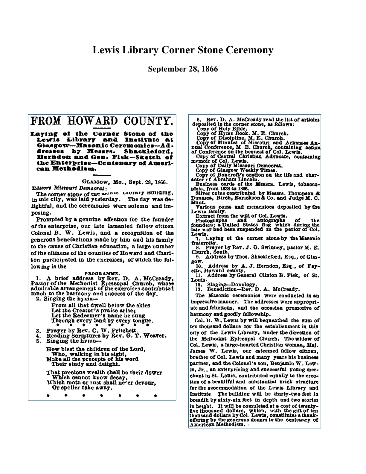 Historic newspaper account of the Lewis Library cornerstone ceremony on September 28, 1866